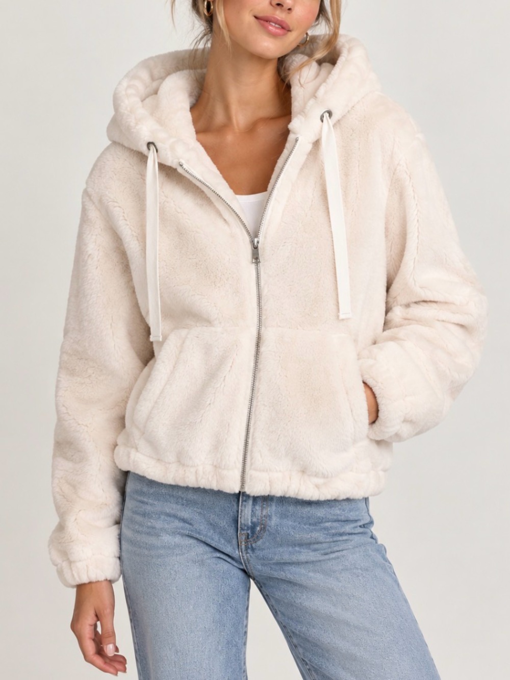 Kendall & Kylie Faux Fur Hooded Jacket Ivory Plush Full Zip Sz S